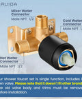 Close-up of Airuida shower faucet rough-in valve with matte black single-handle trim on brass body; hot/cold 1/2 in NPT