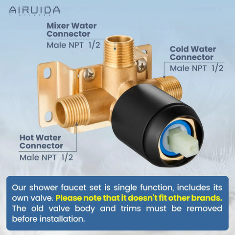 Rain Shower System With 10 Inch Dope Matte Black Finish Wall Mount Head SUS304 Stainless Steel Shower Faucet Set With Single Handle Rough-In Valve Brass Mixer 1/2 In NPT Threads Anti Corrosion And Rust-Resistant, valve connector details