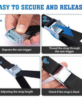 Step-by-step use of 1 Inch By 10 Foot Adjustable Cam Buckle Tie Down Straps Set, Heavy Duty Packing Straps For Cargo Luggage Kayak Truck SUV And Roof Rack, Black, 4 Pack Great For Hauling Needs.
