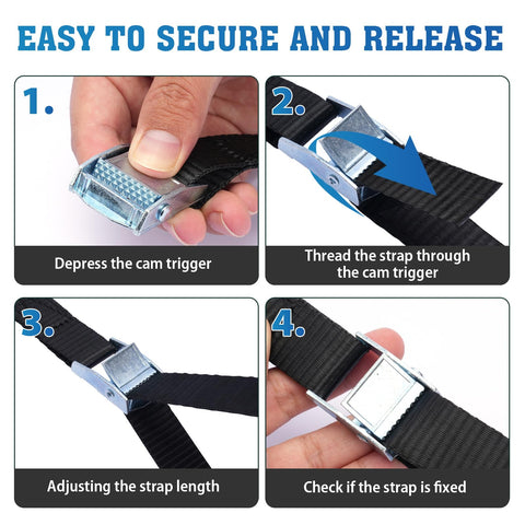Step-by-step use of 1 Inch By 10 Foot Adjustable Cam Buckle Tie Down Straps Set, Heavy Duty Packing Straps For Cargo Luggage Kayak Truck SUV And Roof Rack, Black, 4 Pack Great For Hauling Needs.
