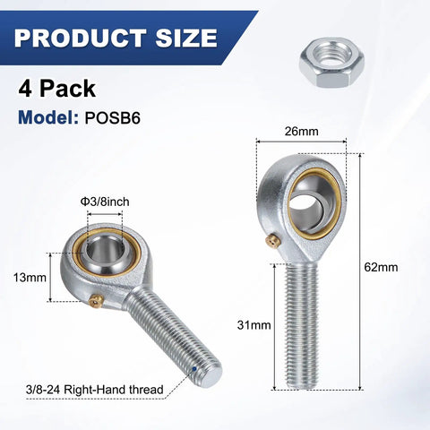 4 Pack POSB6 Rod End Bearing Set With Three Eighths Inch Bore And Right Hand Thread Twenty Four Per Inch Self Lubricating Steel Joint Rod Ends With Jam Nuts For Forging Machines And CNC Tools For Your Shop Floor, 3/8-24 thread
