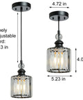 Matte Black Crystal Pendant Lights 3 Pack For Kitchen Island And Dining Room Industrial Adjustable Mini Glam Hanging Crystal Pendant Fixtures For Bar Cafe Living Room Indoor Vibe, showcasing measurements and adjustable cord.