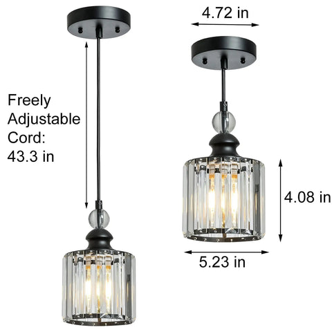 Matte Black Crystal Pendant Lights 3 Pack For Kitchen Island And Dining Room Industrial Adjustable Mini Glam Hanging Crystal Pendant Fixtures For Bar Cafe Living Room Indoor Vibe, showcasing measurements and adjustable cord.