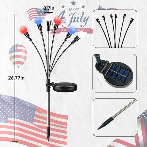 Solar Powered Patriotic American Flag Lights 4 Pack For Outdoor Garden Decor with red, white, blue bulbs and solar panel