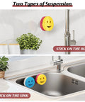 Cool Kitchen Sink Sponge Holder With Suction Cup Self Draining Caddy For Stainless Steel Sinks Rust Proof SUS 304 Holds Smiley Sponges And More Kitchen Or Bathroom Organizer Easy Install showing two sponge holders in use on wall and sink.