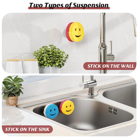 Cool Kitchen Sink Sponge Holder With Suction Cup Self Draining Caddy For Stainless Steel Sinks Rust Proof SUS 304 Holds Smiley Sponges And More Kitchen Or Bathroom Organizer Easy Install showing two sponge holders in use on wall and sink.