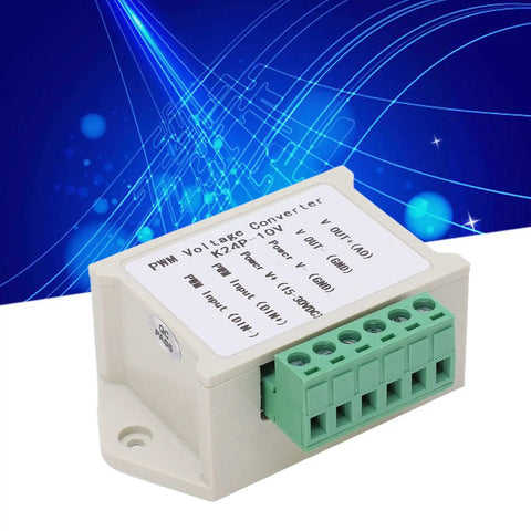 PWM To Voltage Module For Industrial Automation, 0-10V Analog Output with terminal block, against a blue tech background