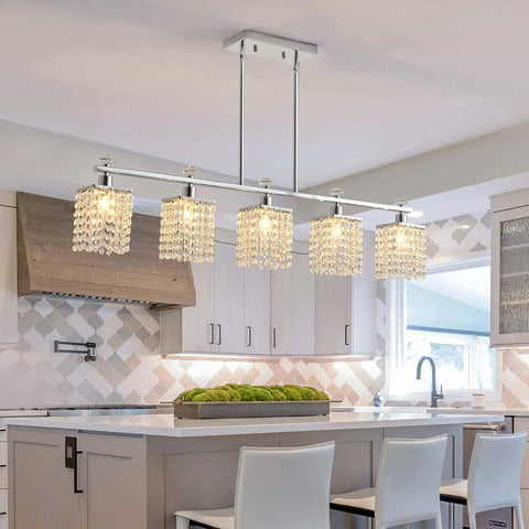 Water Ripple Glass Kitchen Island Pendant Light 5 Light Fixture with Matte Black Metal Finish in modern kitchen setting