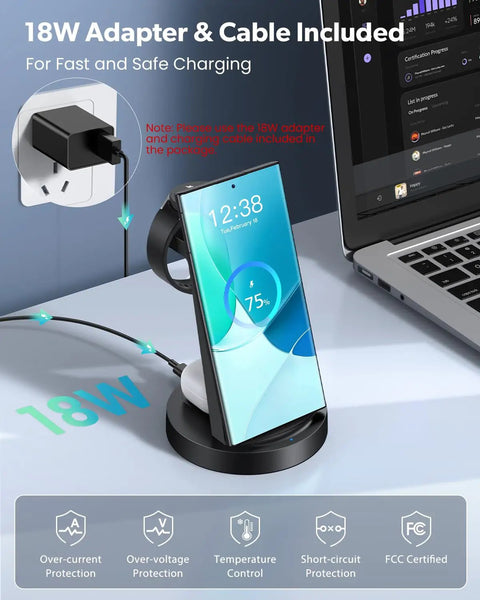 Must Have 3 In 1 Wireless Charging Station For Galaxy Watch and Galaxy Phones on desk with 18W adapter and cable