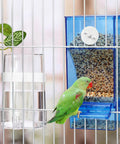 Slick No Mess Blue Clear Acrylic Bird Feeder And Water Dispenser Set with automatic gravity feeder and water bottle.