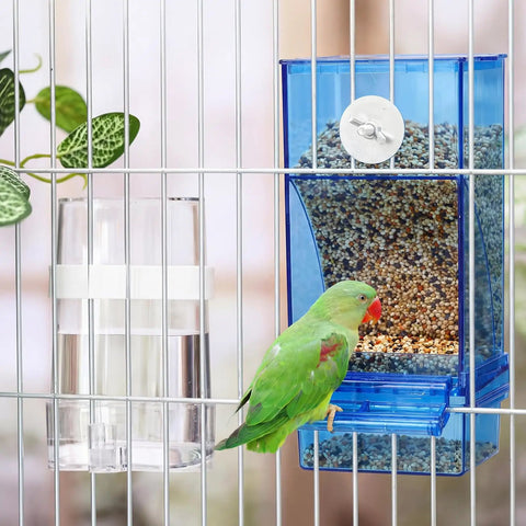 Slick No Mess Blue Clear Acrylic Bird Feeder And Water Dispenser Set with automatic gravity feeder and water bottle.