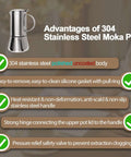 Uncoated 2 Cup Moka Pot Thick 304 Stainless Steel Stovetop Espresso Coffeemaker with features displayed in text.