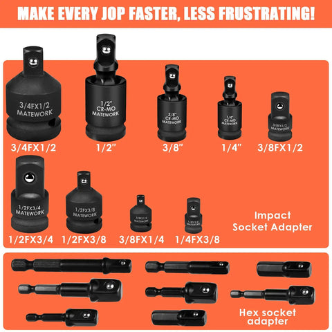17 Piece Socket Adapter Set And Reducer For Impact Drivers With Universal Joint Sockets And Drill Adapters In Quarter Inch, Three Eighths Inch, And Half Inch Sizes displayed.