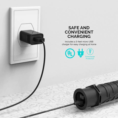 Cordless LED Work Light charging with USB cable from wall outlet, highlighting safe and convenient charging feature.
