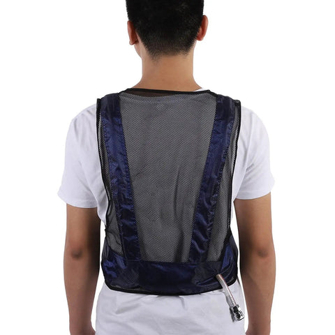 Adult Sleeveless Cooling Vest With Compressed Air Powered Vortex Tube Tech That Slays Kickin Summer Heat And Provides No Sweat Grind Comfort In Cool Cotton Oxford Blend For Peak Chill Factor Blue - rear view.
