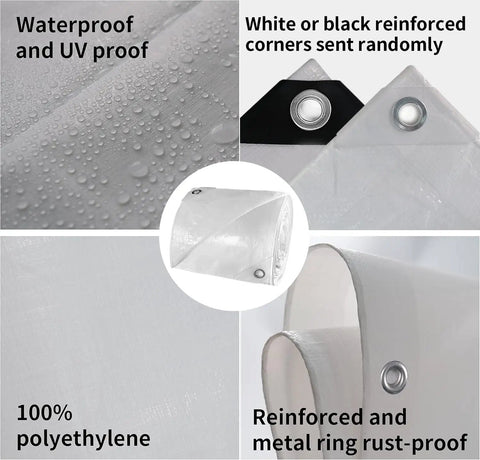 12x20 White Tarp Waterproof 7.5 Mil Medium Duty All Purpose Poly Tarps Cover Snow Proof UV Protection Rip And Tear Proof Poly Tarpaulin featuring waterproof and UV proof properties with reinforced corners and metal rings.