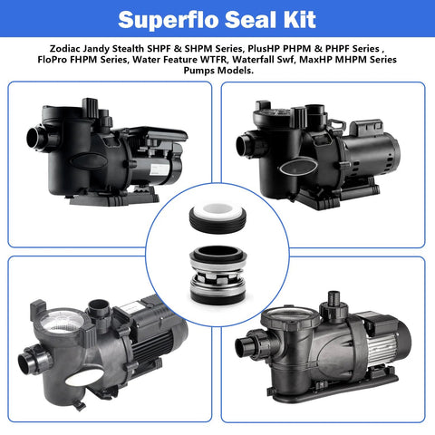 SuperFlo shaft seal kit for pool pumps; central seal with O-rings, surrounded by four pump illustrations.