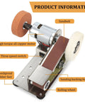 Hardcore Mini Belt Sander Workhorse Featuring Seven Variable Speed Controls, All Copper Motor Bench Grinder, Dual Function Polisher And Knife Sharpener with rubber feet and speed switch.