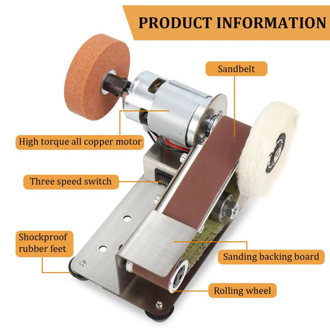 Hardcore Mini Belt Sander Workhorse Featuring Seven Variable Speed Controls, All Copper Motor Bench Grinder, Dual Function Polisher And Knife Sharpener with rubber feet and speed switch.