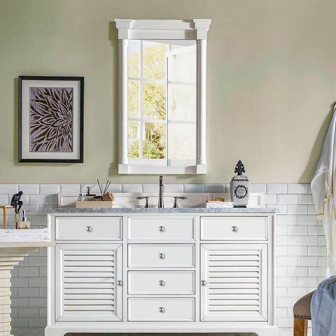 5 Pack Brushed Nickel Cabinet Knobs 30mm Square Zinc Alloy Drawer Pulls on white vanity in bathroom with mirror