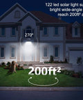 Heavy Hitter Solar Motion Sensor Light With Three Swivel Heads And Solid IP65 Water Resistant Build For Serious Yard Security On Your Driveway Patio Or Garage Wall illuminating a home entrance with a wide-angle view.
