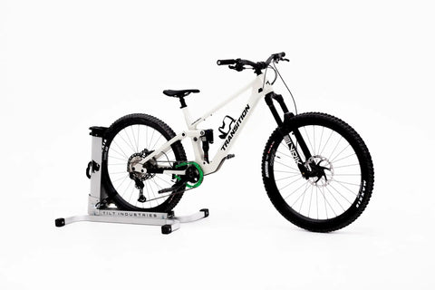 Bike Balance Trainer For Trail Ready Balance Drills, aluminum frame with mountain bike setup on white background