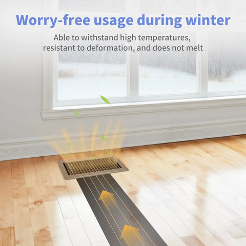 Built Tough Heavy Duty 4 By 10 Floor Register In Brown Steel Walkable Floor Vent installed in wood floor showing airflow