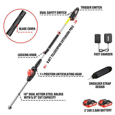 Ultra Lightweight Cordless Pole Hedge Trimmer With Dual Batteries And Charger, 18 Inch Blade, and accessories layout