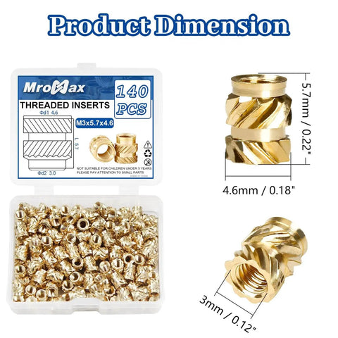 M3 Heat Set Threaded Inserts For Plastic, Brass Knurled Nuts, 140 pieces, dimensions and product box view.