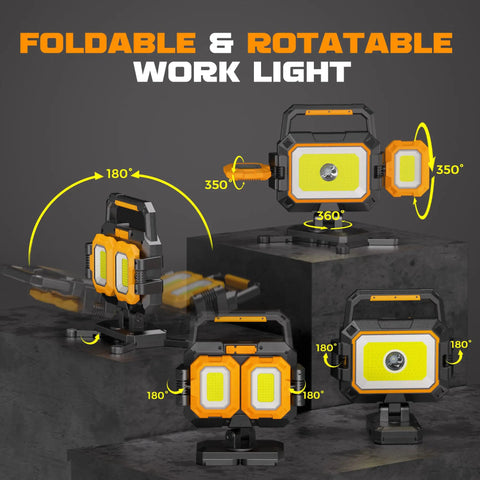 Beastly 40W Rechargeable LED Work Light with Magnetic Base showing foldable design and 360 degree rotation capabilities.