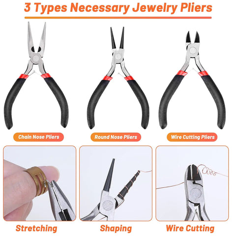 Three types of pliers from Ring Making Kit With Wire Wrapping Tools And Ring Sizers for stretching, shaping, and wire cutting.