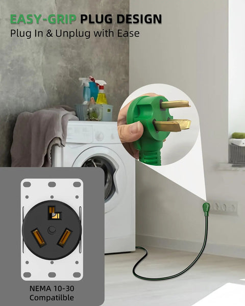 Straightforward Heavy Duty 30 Amp Ev Extension Cord That Juices Up Your Level 2 Charger Or Dryer Outlet Without Breaking A Sweat, 10 Foot Nema 10-30 Plug To Socket, Waterproof 10 Gauge Copper, EtL Approved, showing easy-grip plug design.