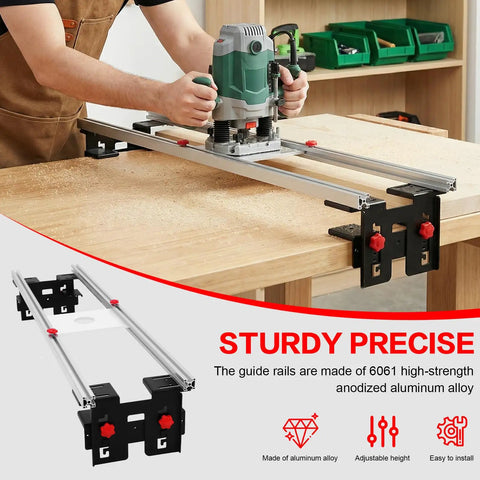 Worker using 48-Inch Trimming And Planing Machine With Reinforced Rails, Precision Router Sled for DIY woodworking projects.