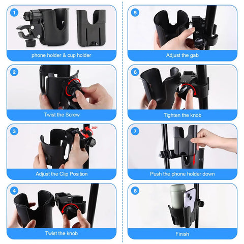 Universal Adjustable Golf Cart Cup Holder And Phone Mount Fits Ezgo Club Car Yamaha Models detailed assembly steps, black plastic design.