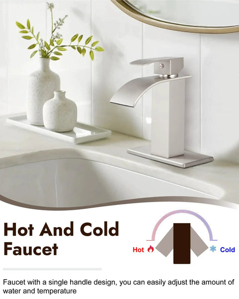 Waterfall Bathroom Faucet In Brushed Nickel 1 Or 3 Hole Deck Mount SUS304 Stainless Steel Sink Tap beside white vase