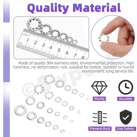 Front view of Swpeet stainless steel washer set, 400 pcs, 4 styles; sizes 1/4–3/8 in; external tooth and internal tooth serrated washers