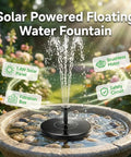Solar powered floating water fountain with six nozzles in a bird bath, featuring a filtration box and safety circuit, in garden setting.
