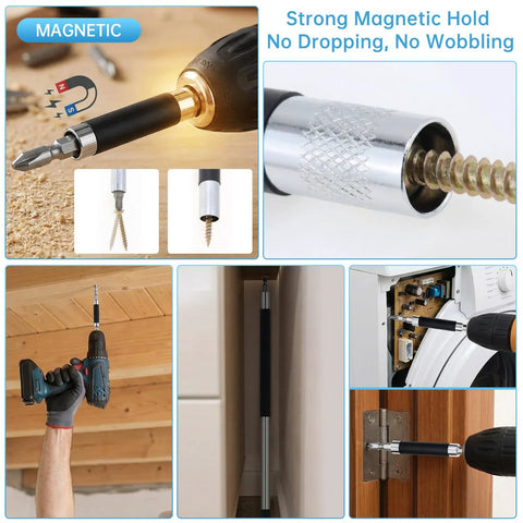 ChgImposs magnetic screw-drive guide bit holder set, 3 pcs with 80/120/140 mm extensions, shown attached to a drill