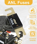3 Pack Premium 250 Amp ANL Blade Fuse Heavy Duty Automotive And Marine Electrical Protection, 150A fuse close-up with connections.