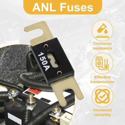 3 Pack Premium 250 Amp ANL Blade Fuse Heavy Duty Automotive And Marine Electrical Protection, 150A fuse close-up with connections.