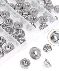 304 Stainless Steel Flange Nuts Assortment Kit 80 Piece Set showing serrated hex lock nuts in a storage box.
