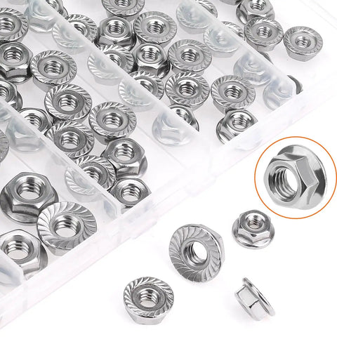 304 Stainless Steel Flange Nuts Assortment Kit 80 Piece Set showing serrated hex lock nuts in a storage box.