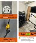Garage setup with 25ft NEMA 6-50P To 14-50R EV Charger Adapter Cord for Level 2 Charging, visible outlets and cable connections.