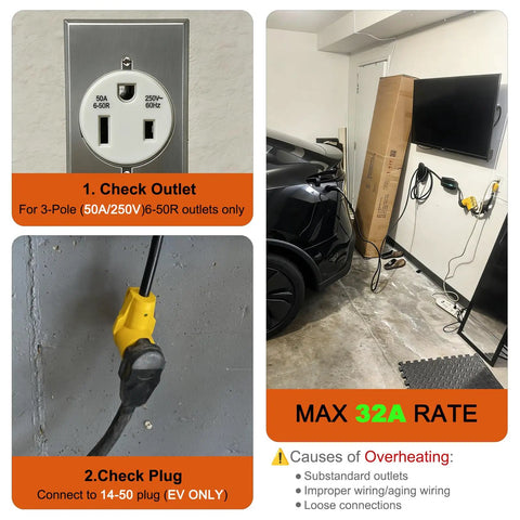 Garage setup with 25ft NEMA 6-50P To 14-50R EV Charger Adapter Cord for Level 2 Charging, visible outlets and cable connections.