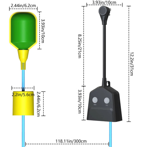 Smart WiFi Sump Pump Alarm With Alarm Activated Outlet And Free App Alerts, No Hassle High And Low Water Level Notifications, Built In Backup Battery, 110dB Siren, 10ft Float Switch For Basements, Septic Tanks, Ponds And Water Tanks, 10ft float and unit dimensions