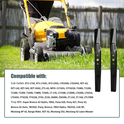 Beefy 42 Inch Deck High Lift Mower Blades Replacement 2 Pack For 942-04308 visible near yellow riding lawn mower