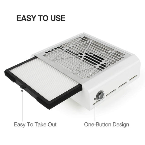 Pro Grade Nail Dust Collector Machine 60W With 2 Reusable Filters showing easy-to-remove filter and one-button design.