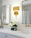 Mid Century Modern Crystal Wall Sconce 3 Light Antique Gold Finish for living room and hallway, installed above bathroom vanity
