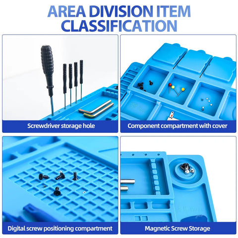 Heat Resistant Silicone Soldering Pad with screwdriver holes, component compartments, and magnetic screw storage.