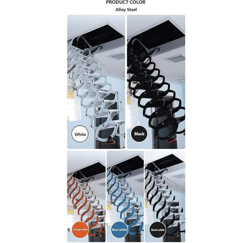Heavy Duty Electric Attic Ladder With Rock Solid Steel Frame, displays color options: white, black, orange-white, blue-white.
